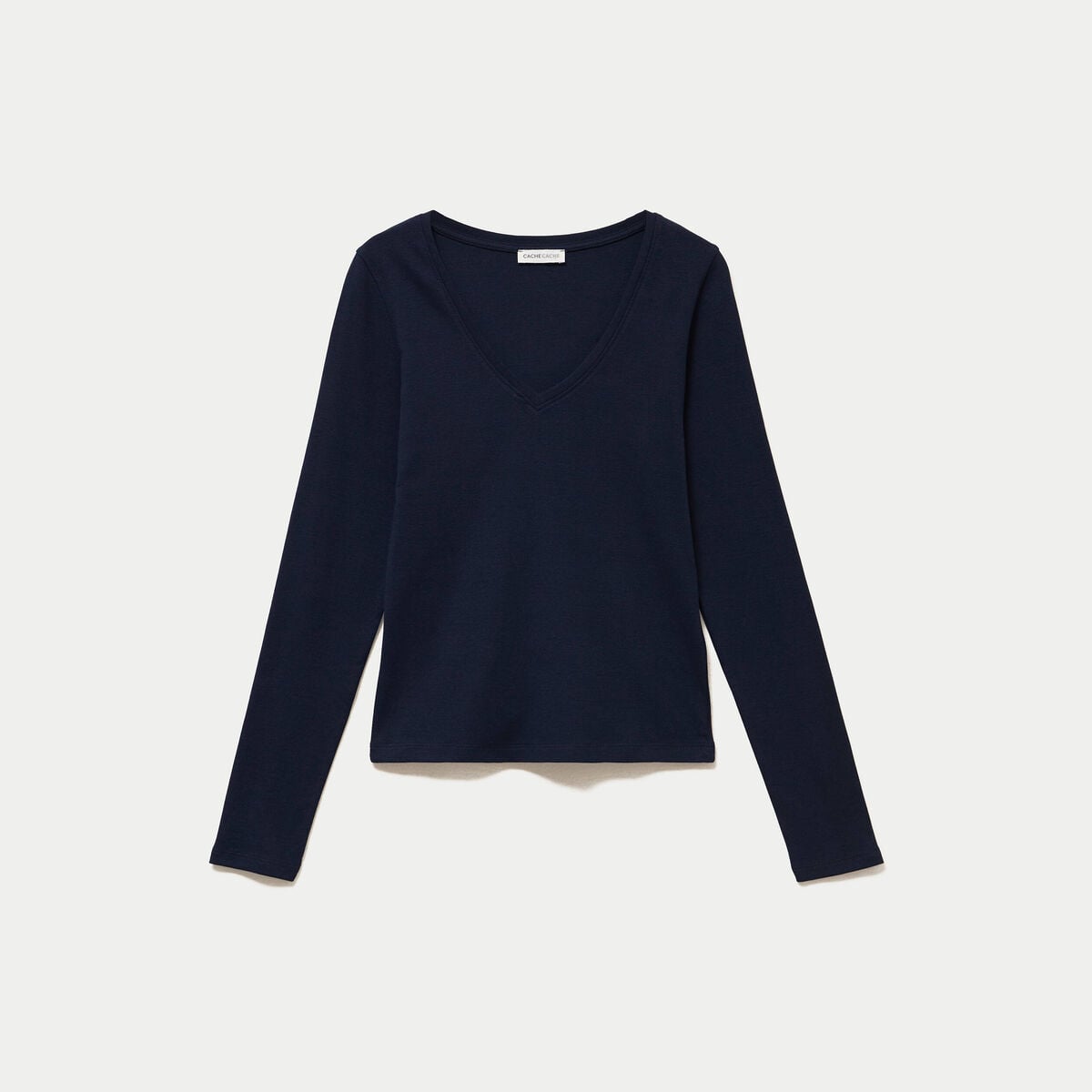 Top ajust&eacute; col v manches longues bleu marine femme