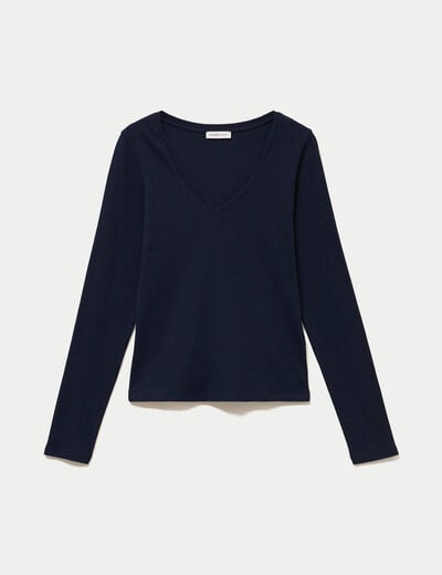 Top ajust&eacute; col v manches longues bleu marine femme