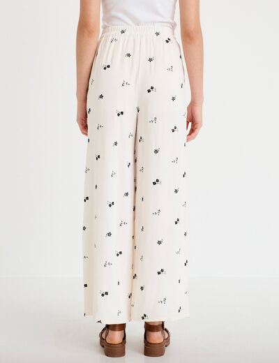 Pantalon large brod&eacute; taille standard blanc femme