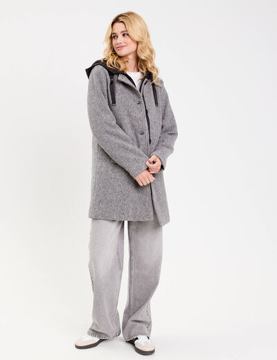 Manteau droit long &agrave; capuche gris clair femme