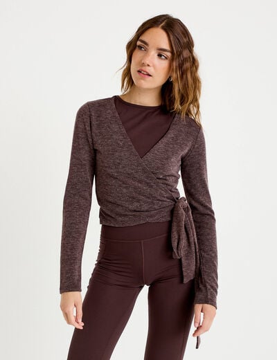 Cache-coeur droit manches longues marron clair femme