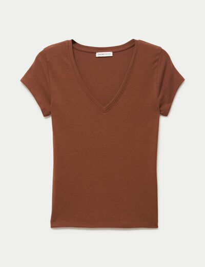T-shirt ajust&eacute; col v manches courtes marron femme
