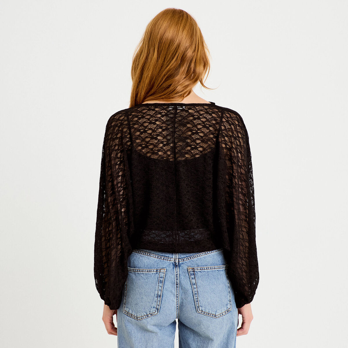 Blouse dentelle col rond manches longues noir femme