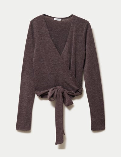 Cache-coeur droit manches longues marron clair femme