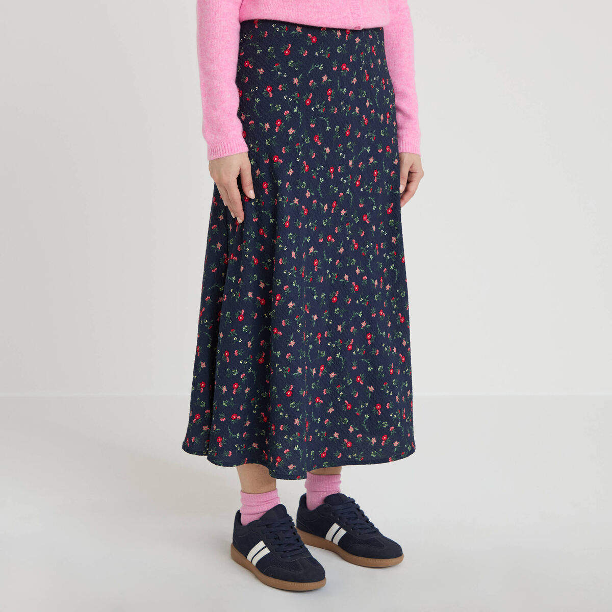Jupe &eacute;vas&eacute;e longueur 3/4 bleu marine femme