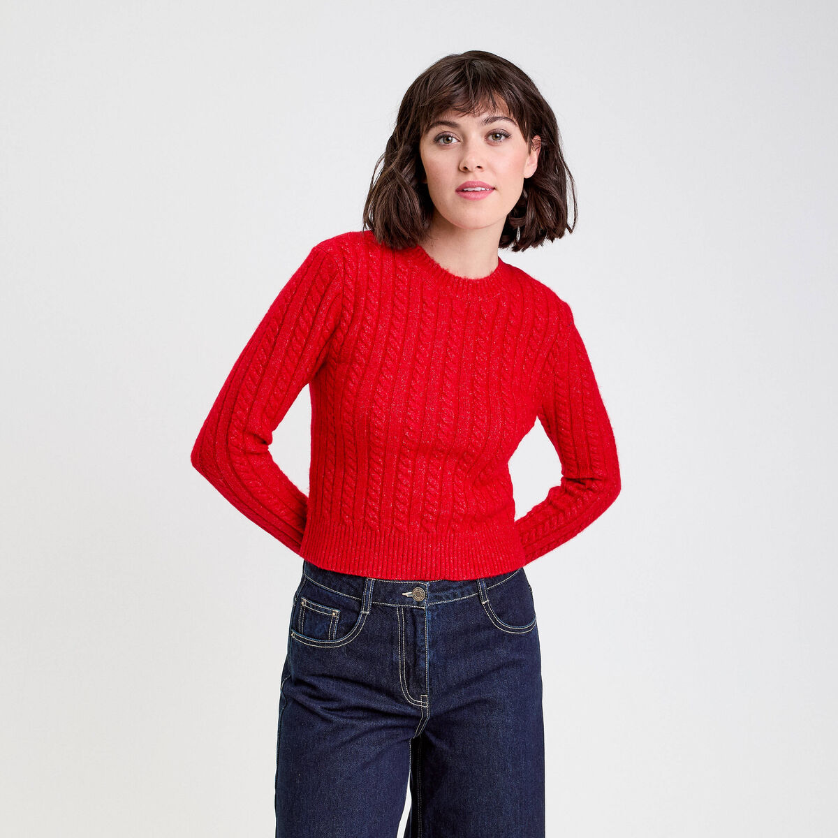 Pull ajust&eacute; col rond manches longues rouge femme