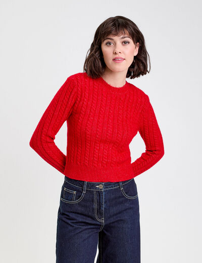 Pull ajust&eacute; col rond manches longues rouge femme