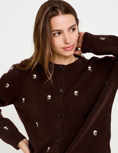 Gilet manches longues broderies col rond marron fonc&eacute; femme