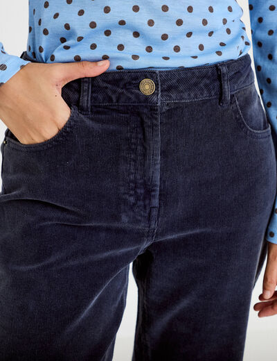 Pantalon droit en velours bleu marine femme