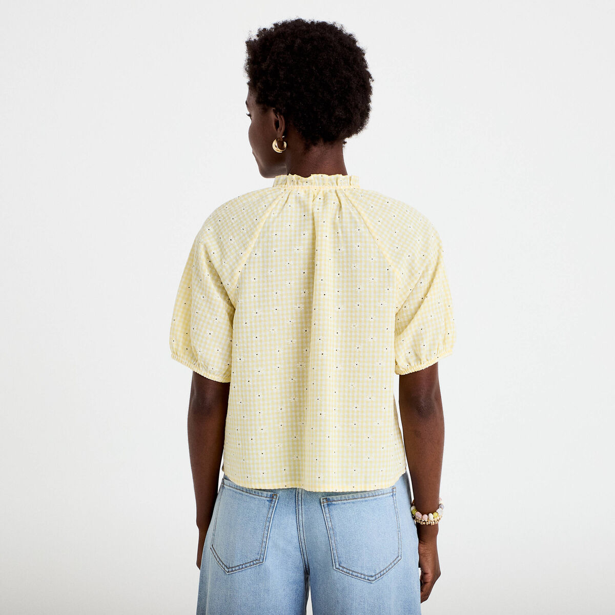 Blouse droite col v manches courtes jaune clair femme