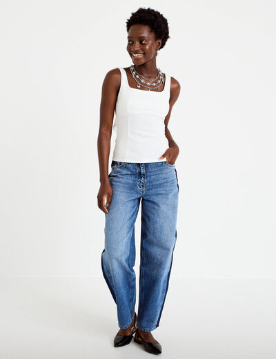 Top cintr&eacute; sans manches col carr&eacute; ecru femme