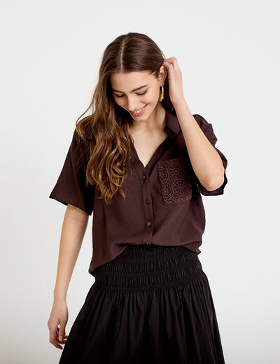 Chemise droite cropped manches courtes marron fonc&eacute; femme