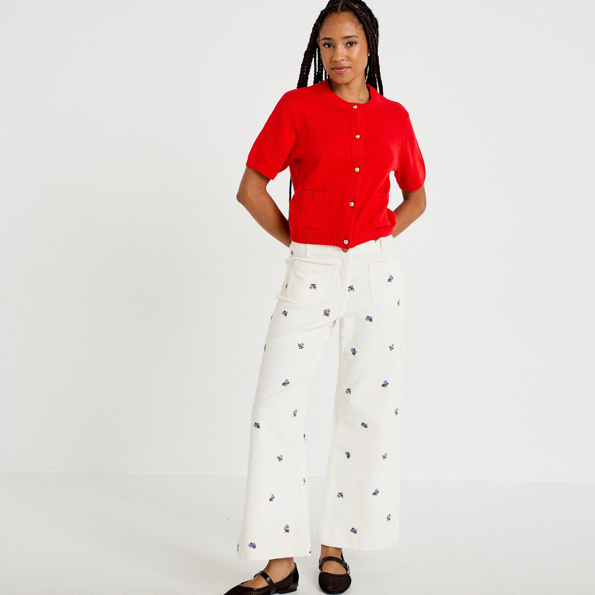 Pantalon wide leg taille haute velours blanc femme