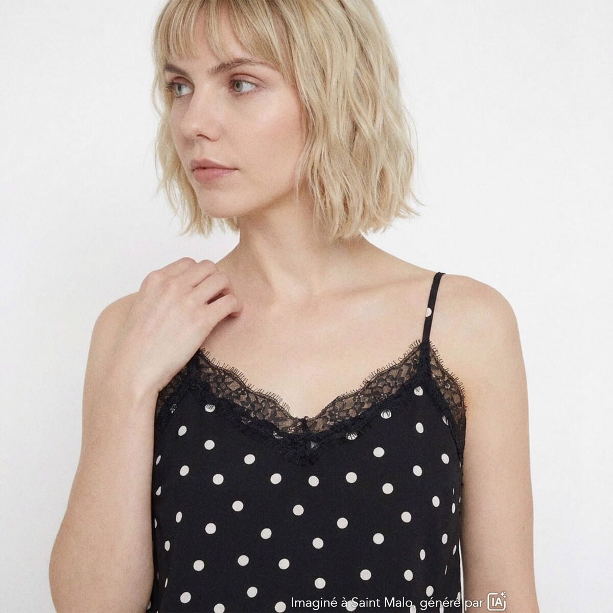 Top fines bretelles col v dentelle noir femme