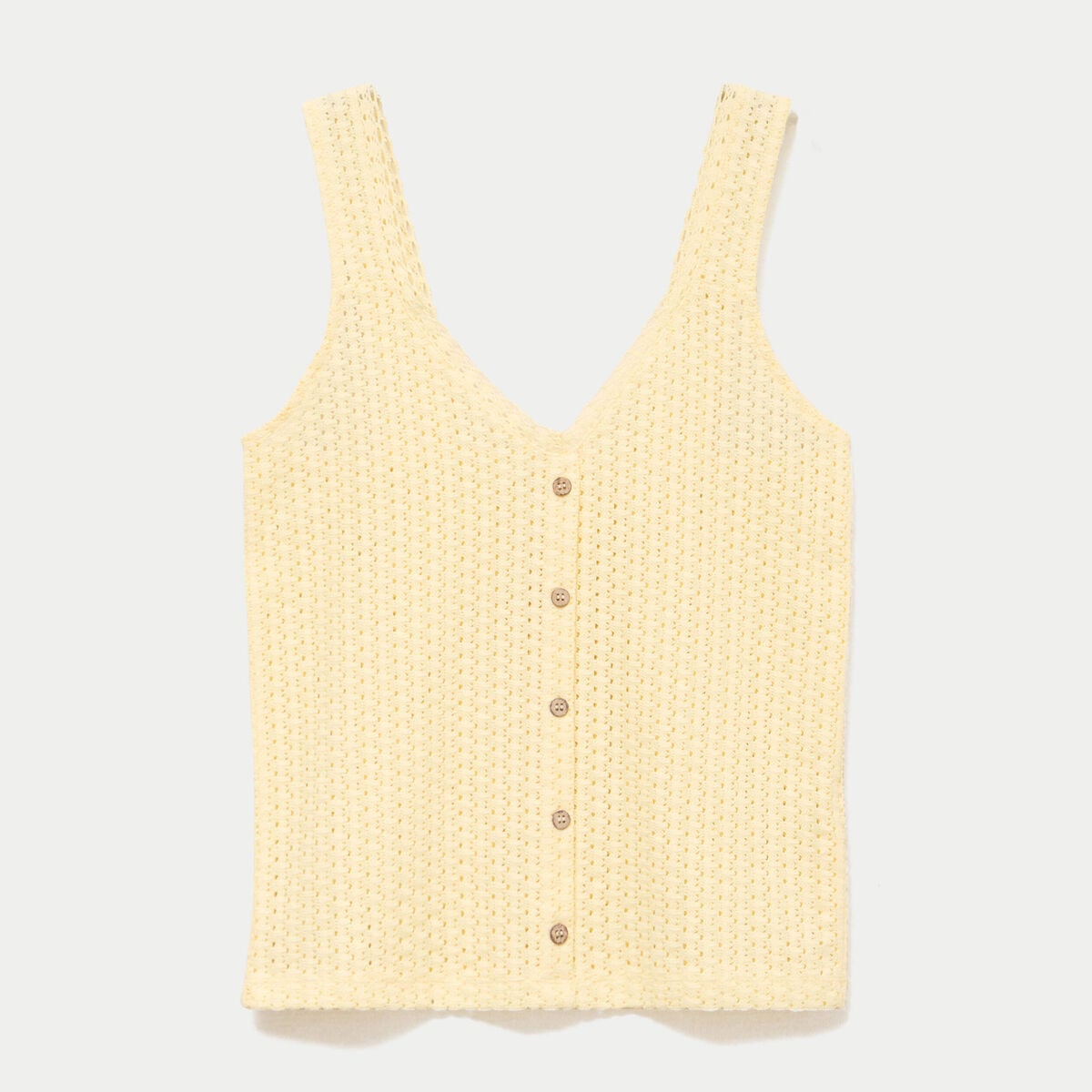 D&eacute;bardeur ajour&eacute; aspect dentelle col v jaune pastel femme