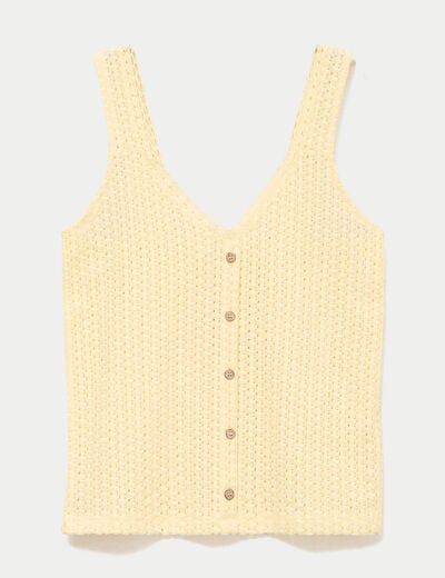 D&eacute;bardeur ajour&eacute; aspect dentelle col v jaune pastel femme
