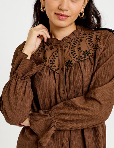 Blouse droite manches longues pliss&eacute;e marron femme