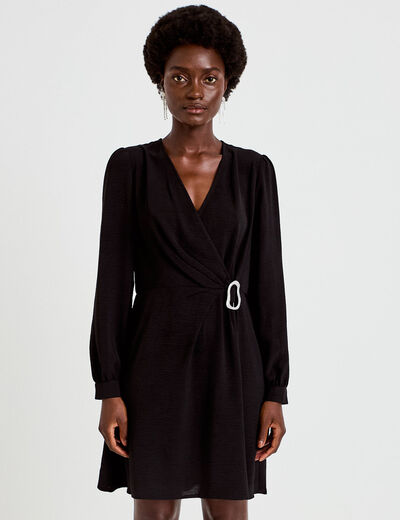 Robe courte &eacute;vas&eacute;e col v manches longues noir femme