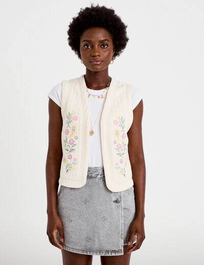 Gilet droit sans manches col rond ecru femme
