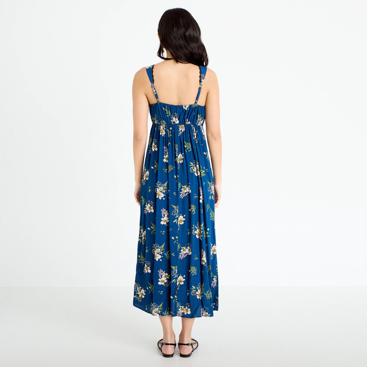 Robe longue &eacute;vas&eacute;e col coeur Bridgerton bleu fonc&eacute; femme