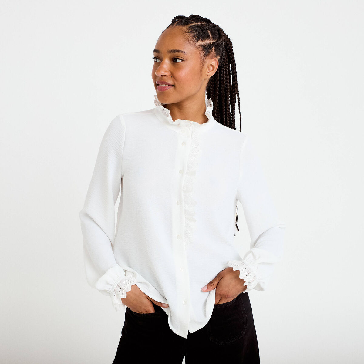 Chemise col montant manches longues ecru femme