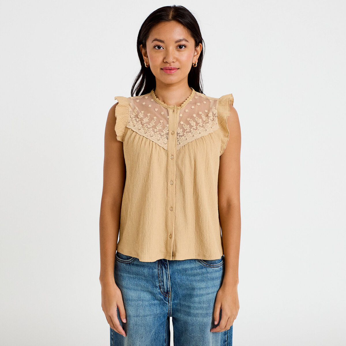 Blouse sans manches col rond beige femme