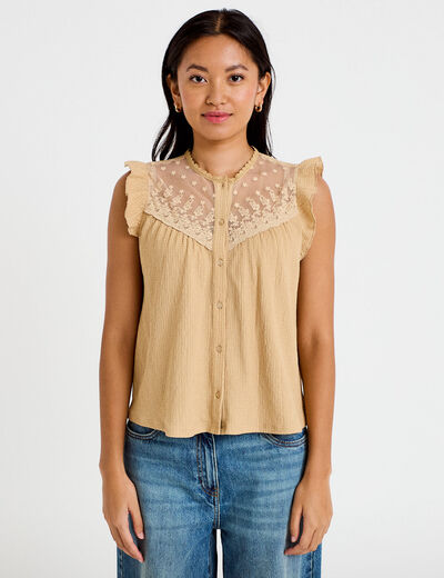 Blouse sans manches col rond beige femme