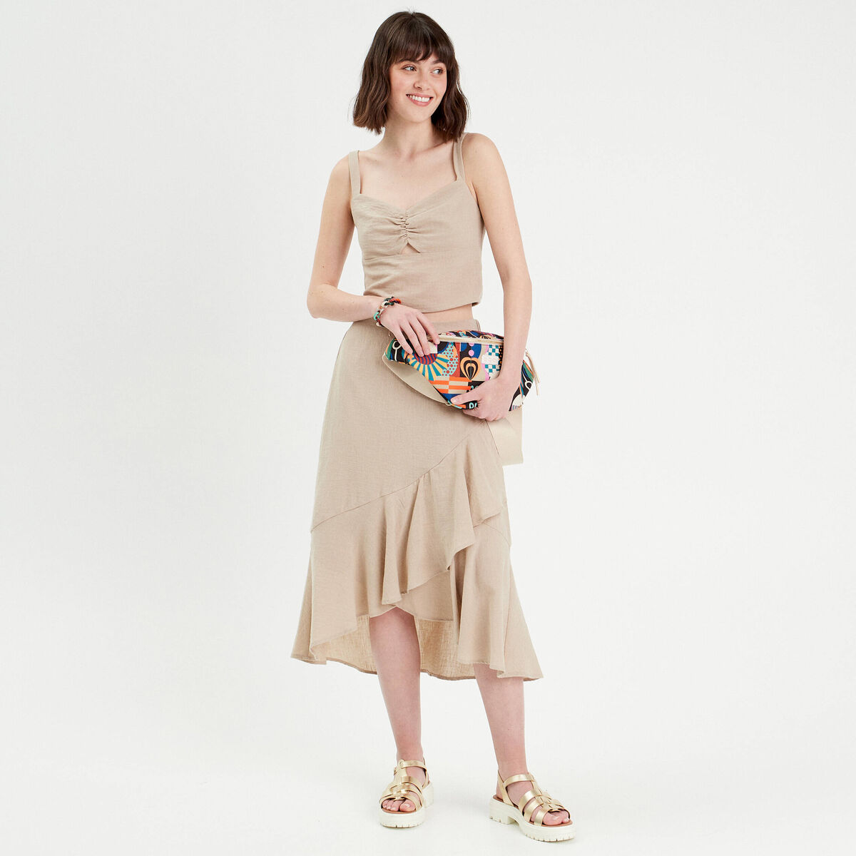 Jupe longue trap&egrave;ze volants beige femme