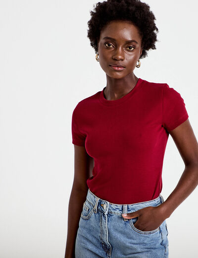 T-shirt c&ocirc;tel&eacute; ajust&eacute; manches courtes rouge femme