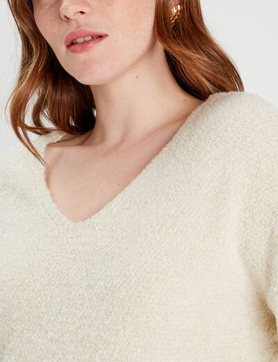 Pull manches longues col en V ecru femme