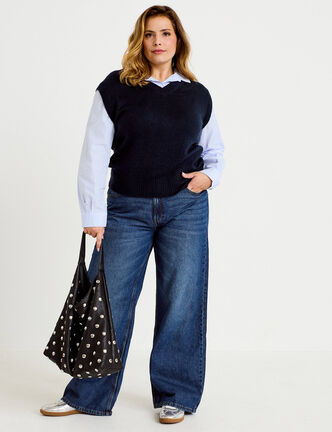 Jeans wide leg taille haute bleu fonc&eacute; femme