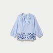 Blouse col v manches 3/4 brod&eacute;e bleu marine femme