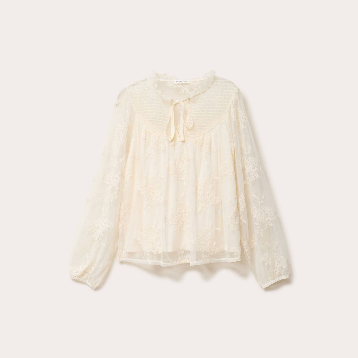 Blouse dentelle manches longues ecru femme