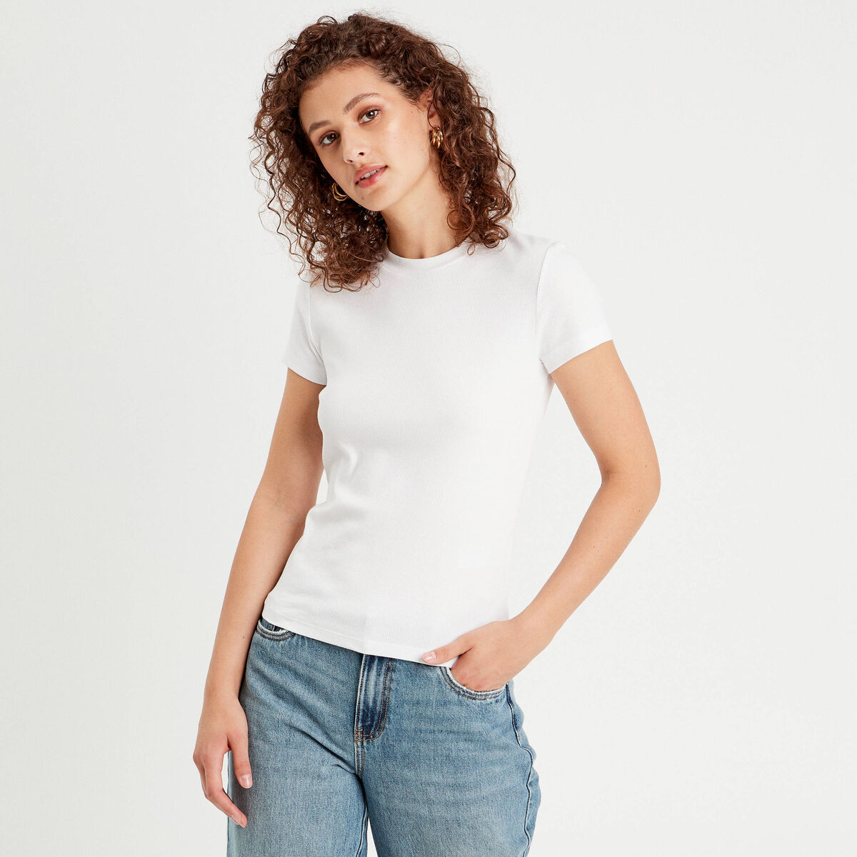 T-shirt c&ocirc;tel&eacute; ajust&eacute; manches courtes blanc femme