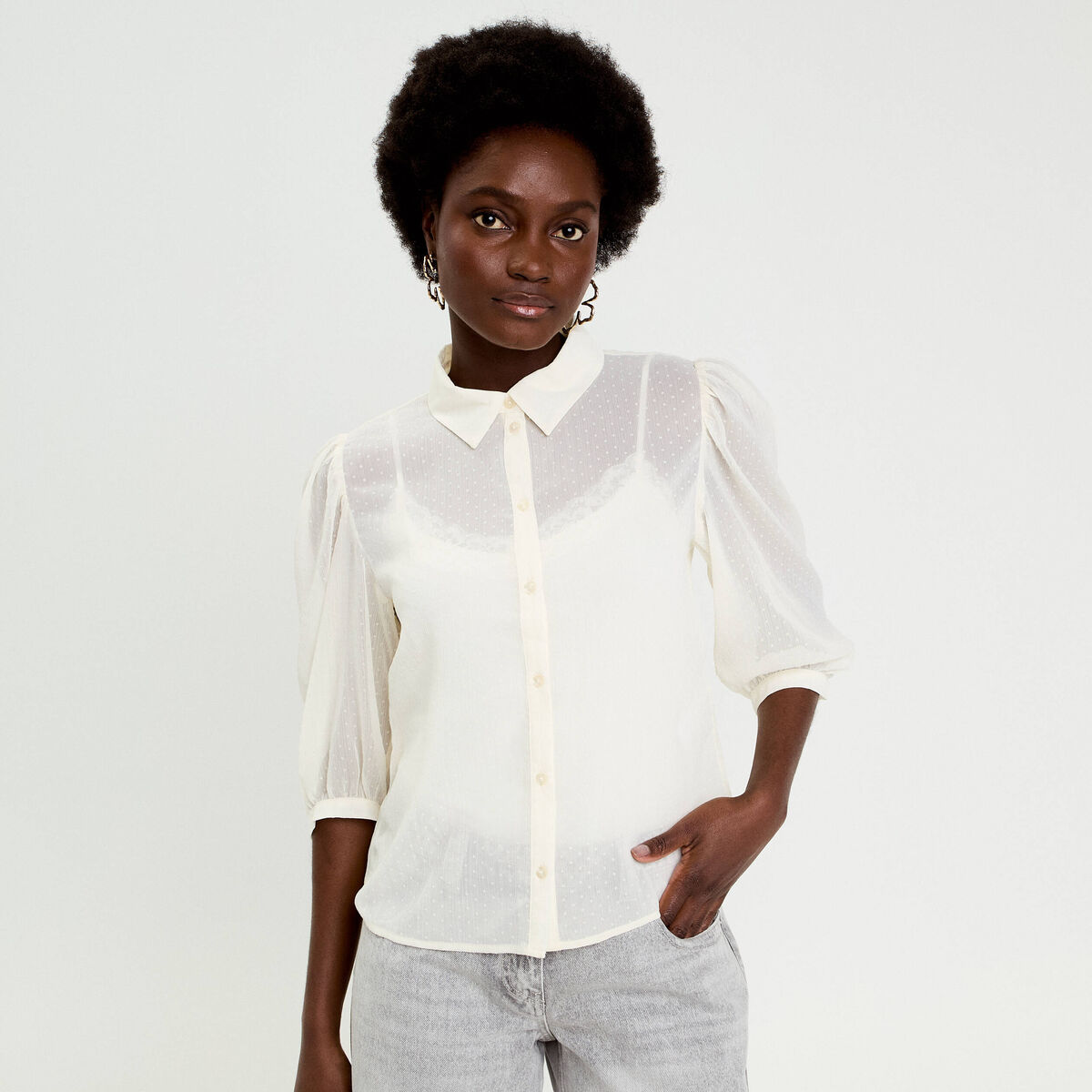 Chemise droite courte voile manches 3/4 ecru femme