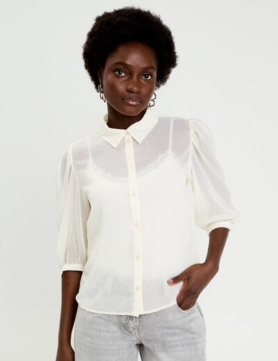 Chemise droite courte voile manches 3/4 ecru femme