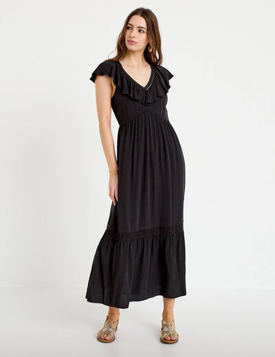 Robe longue &eacute;vas&eacute;e col v manches courtes noir femme