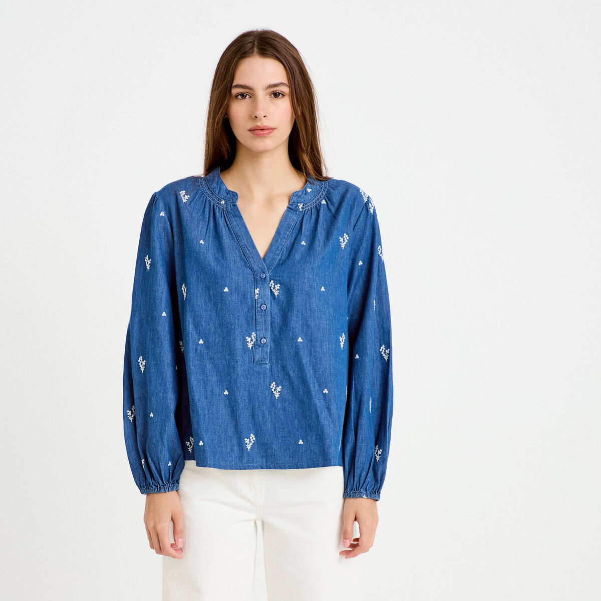 Blouse ample manches longues en jean blanc femme