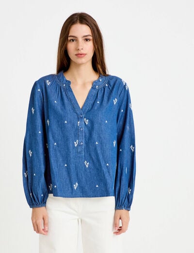 Blouse ample manches longues en jean blanc femme