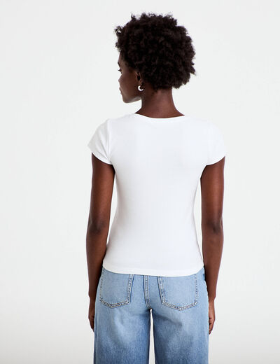 T-shirt ajust&eacute; col v manches courtes blanc femme