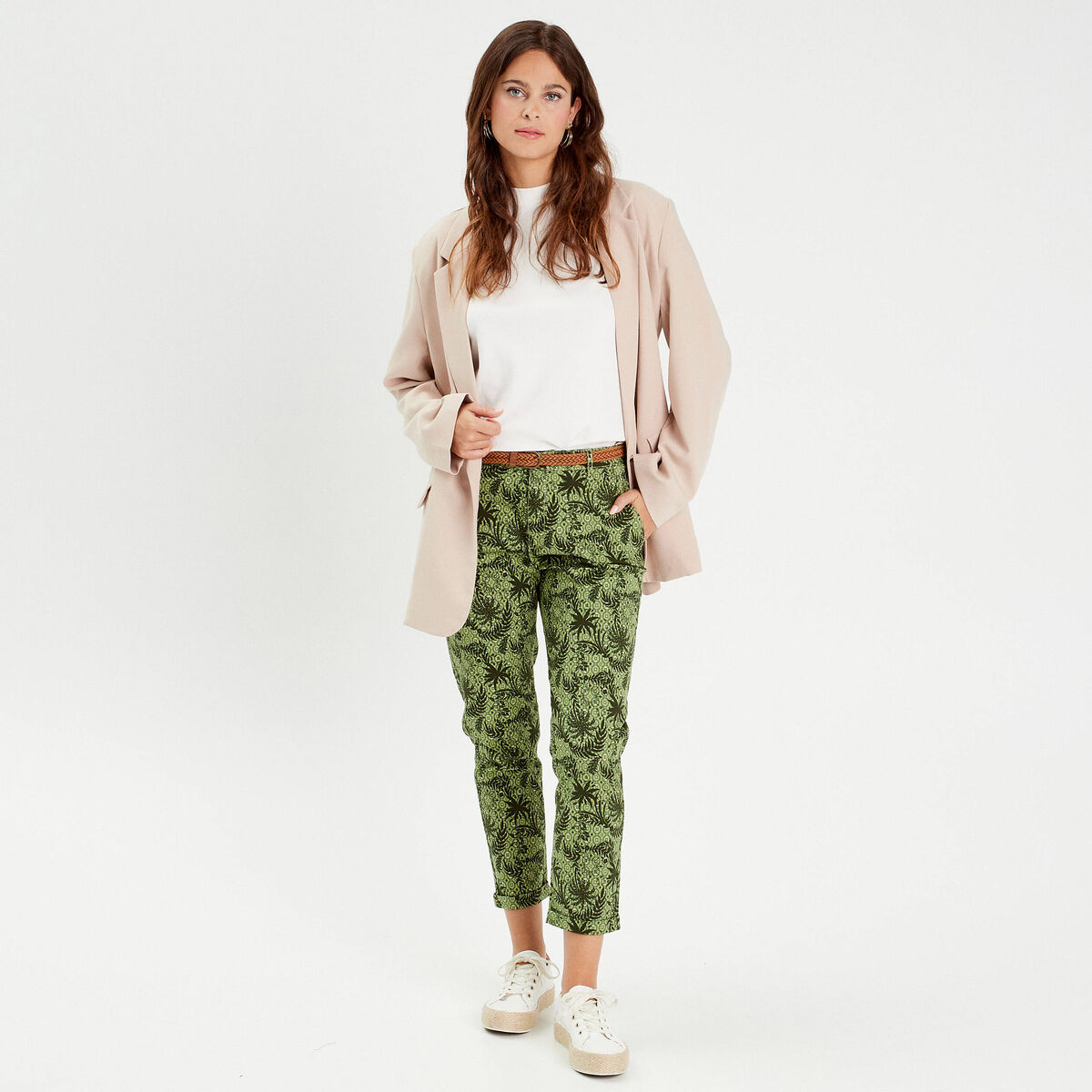 Pantalon chino slim 7/8&egrave;me vert femme