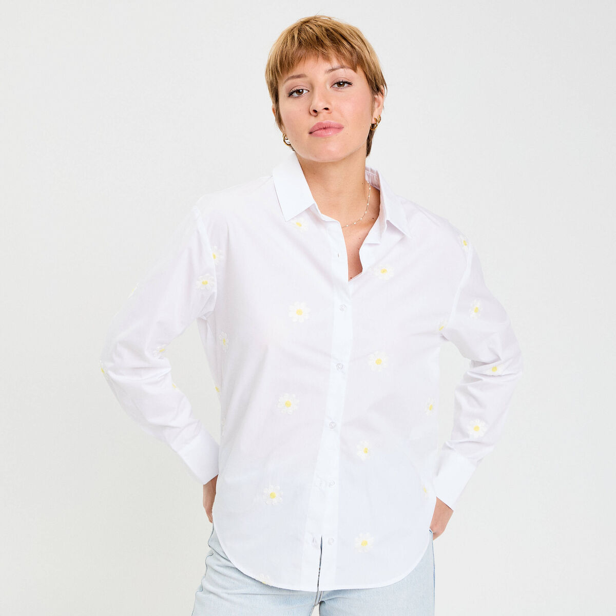 Chemise droite courte col classique blanc femme