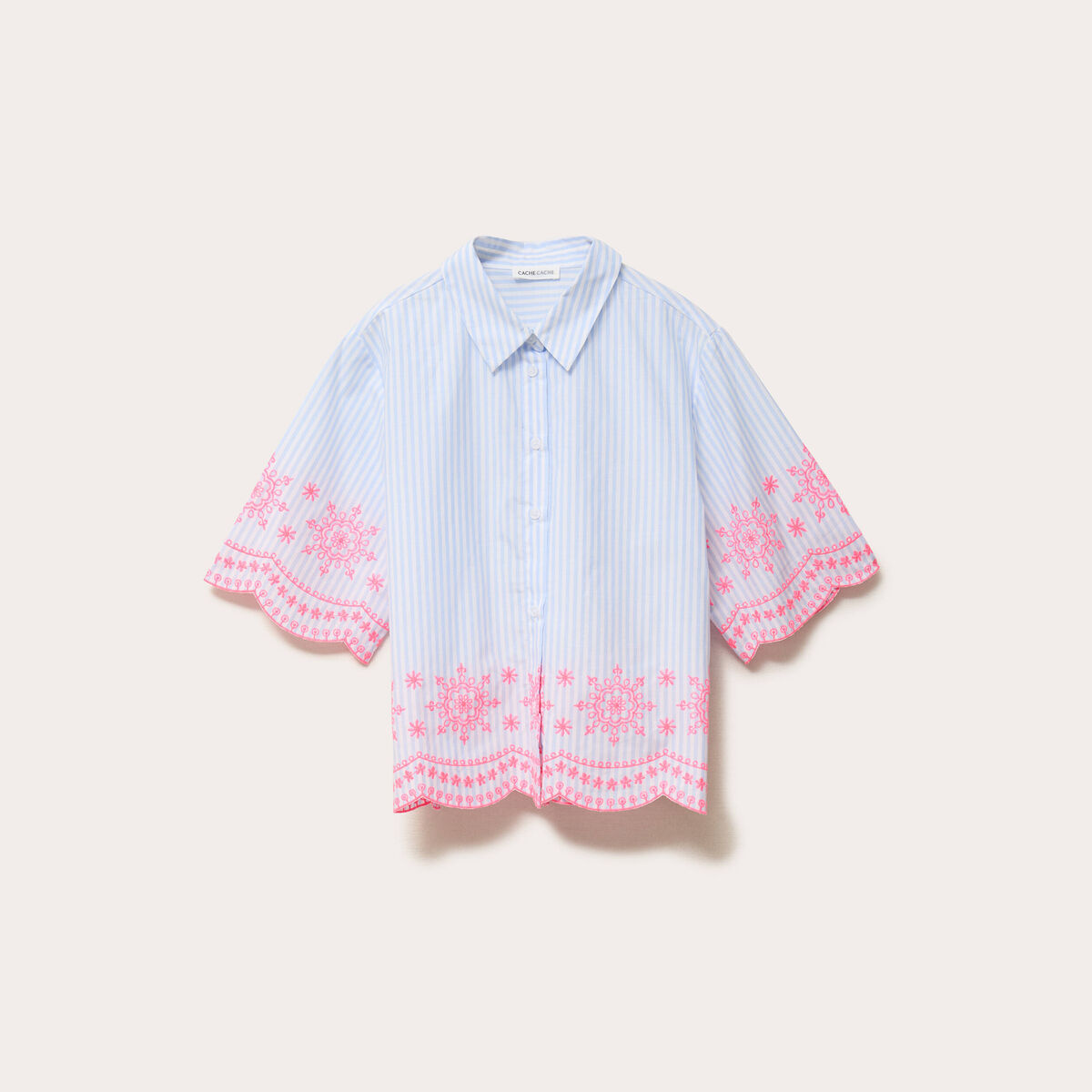 Chemise brod&eacute;e manches courtes bleu ciel femme