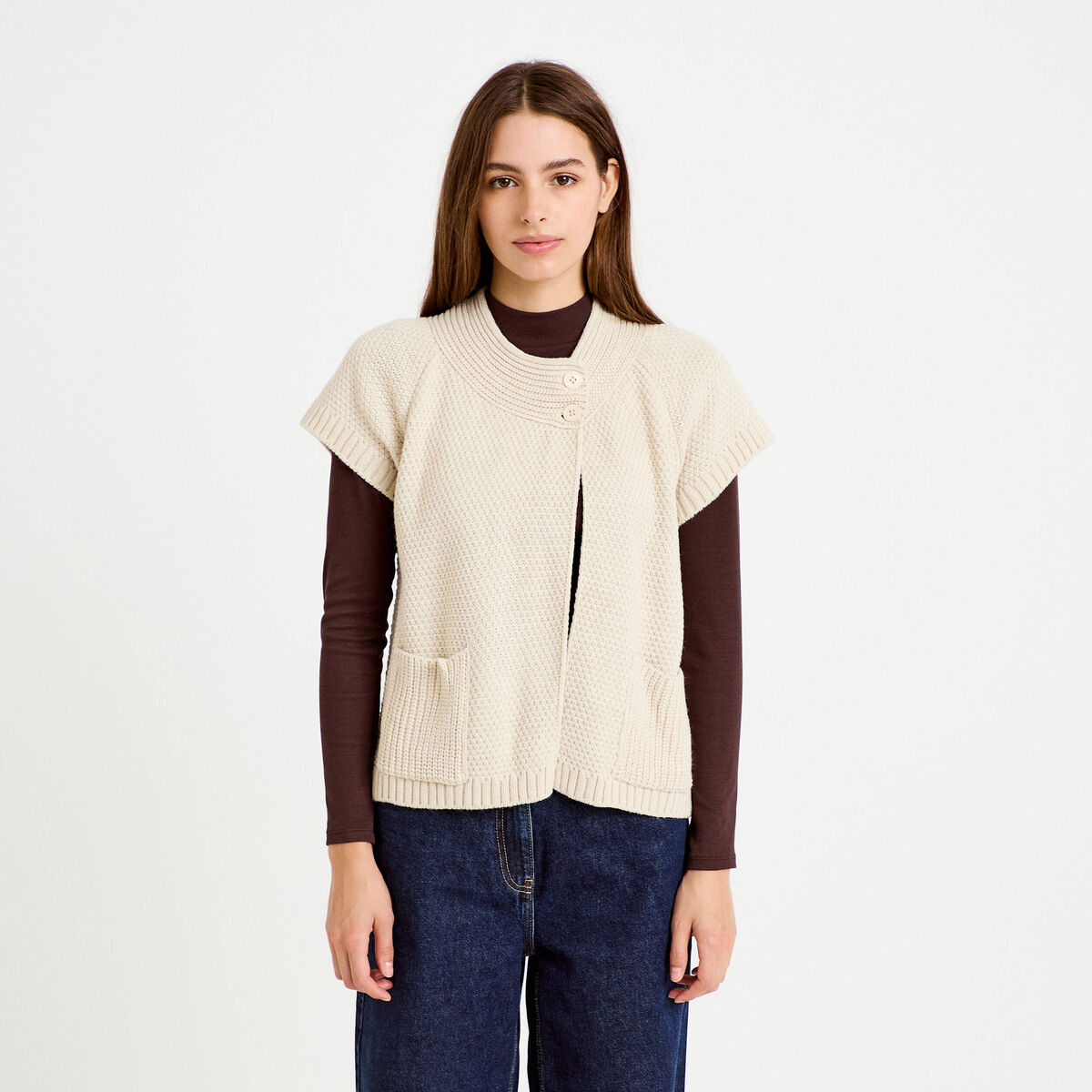 Gilet sans manches col montant beige femme