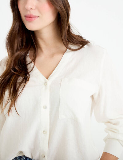 Chemise lin col V manches longues ecru femme