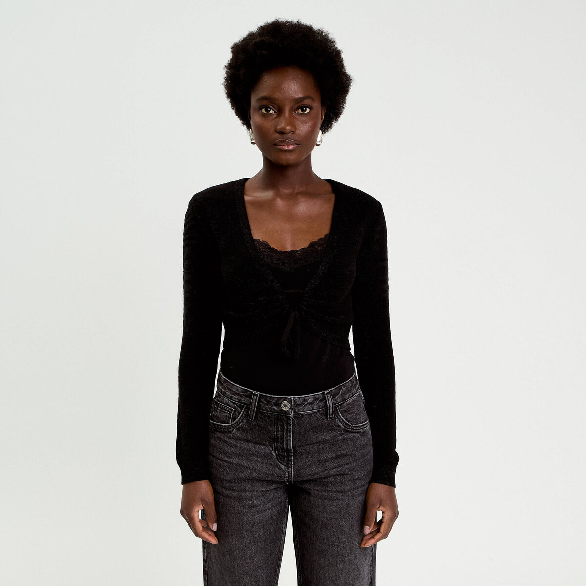 Pull cropped avec noeud noir femme