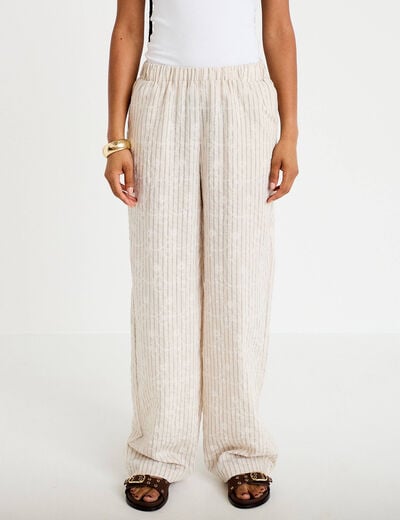 Pantalon large taille haute en velours creme femme