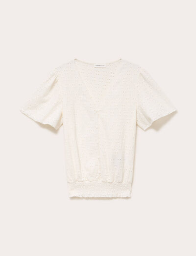 Blouse ajour&eacute;e col v manches courtes ecru femme