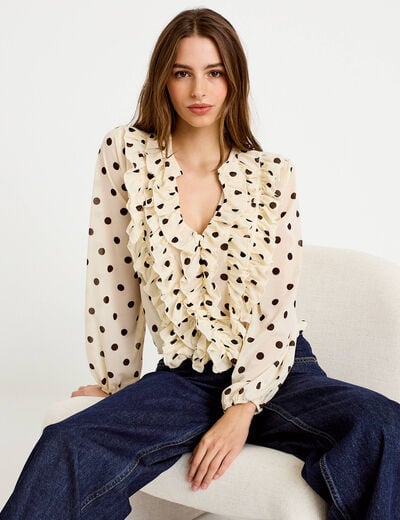 Blouse droite col v manches longues blanc femme