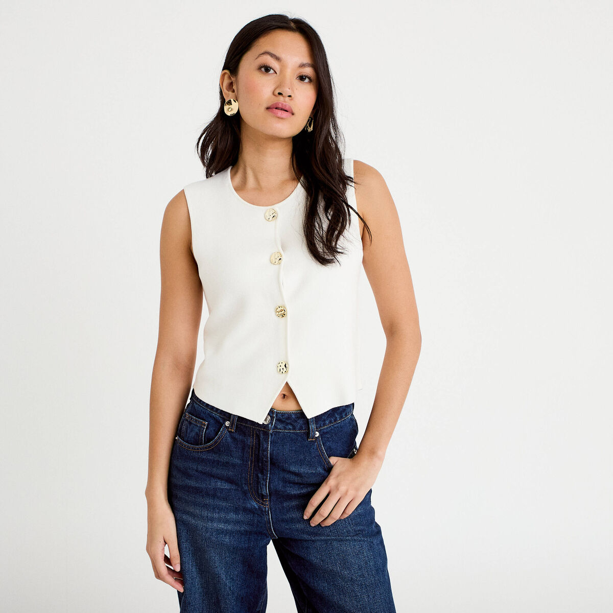 Gilet sans manches cropped ecru femme
